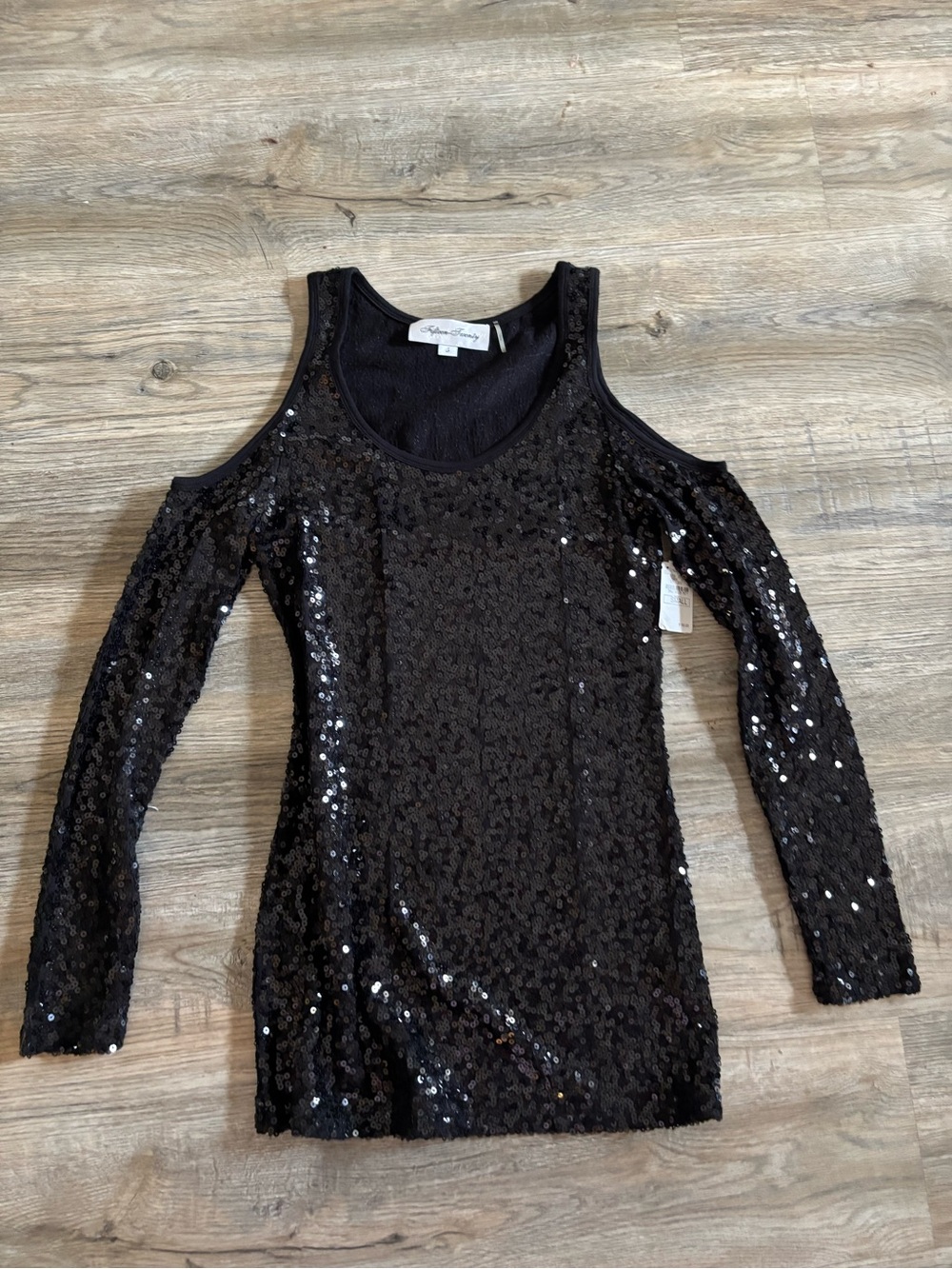 Fifteen Twenty Black Sequin Cold-Shoulder Long Sleeve Top